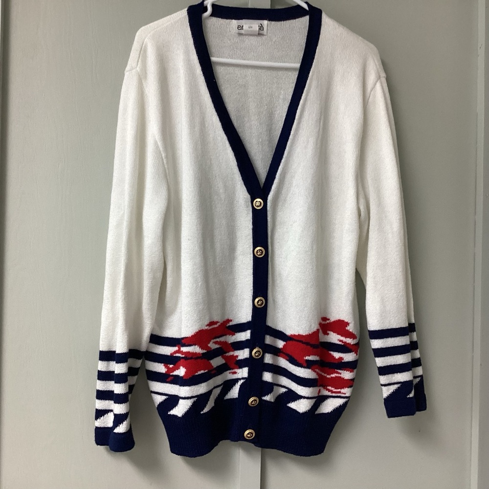 Ancora Cardigan Sweater Long Sleeves Button-Up Large Navy White Nautical Vintage